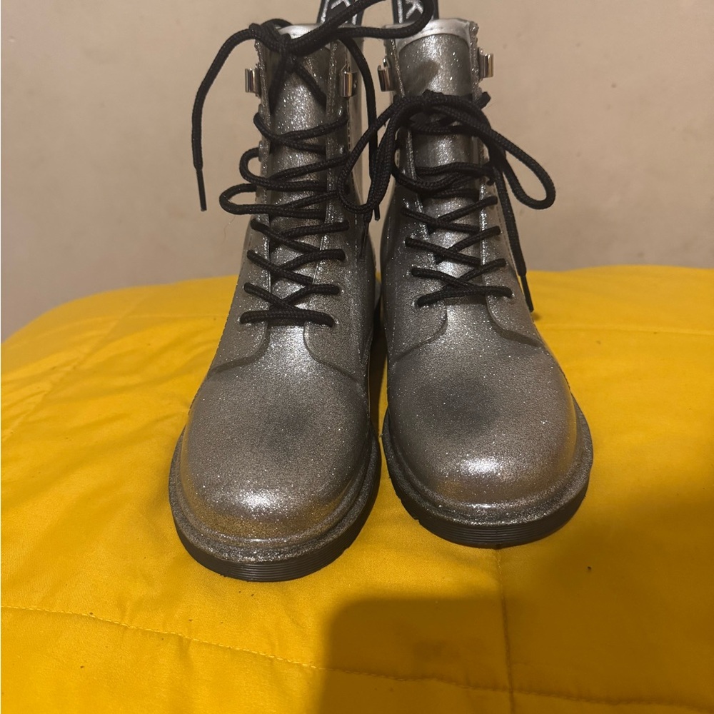 Glitter Lace-Up Combat Boots - Silver